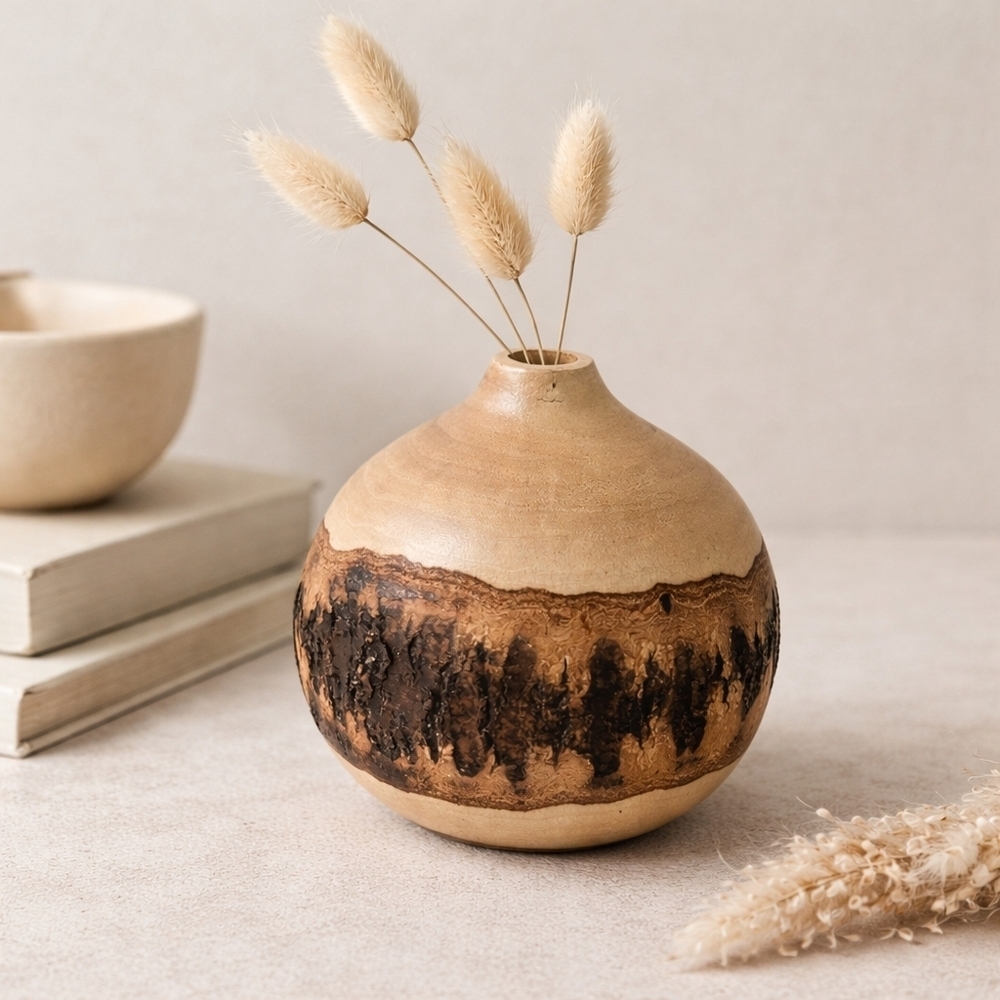 Hand Turned Wood Bud Vase Rustic Burned Bark Accent Neutral Decor